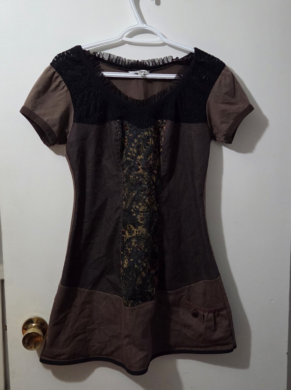 Kollontai Montreal Designer Mini Dress with Black Lace Yoke and Brown Panel